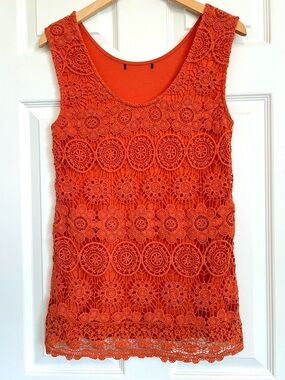 Boho Orange Guipure Lace Tank, Floral Medallion Crochet Sleeveless Top Sz Small